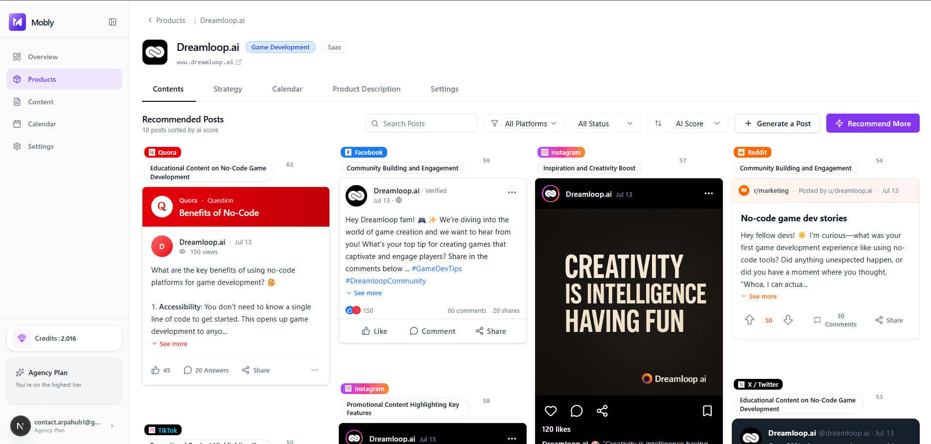 Mobly dashboard showing content strategy, scheduled posts, and analytics